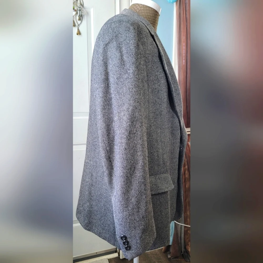 Vintage 80's Blazer Men's 46L Black & White Harringbone 2 Button 100% Pure Wool